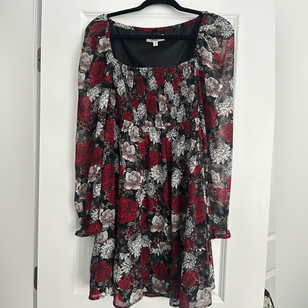 Jack by BB Dakota Red and Black Floral Long Sleeve Dress